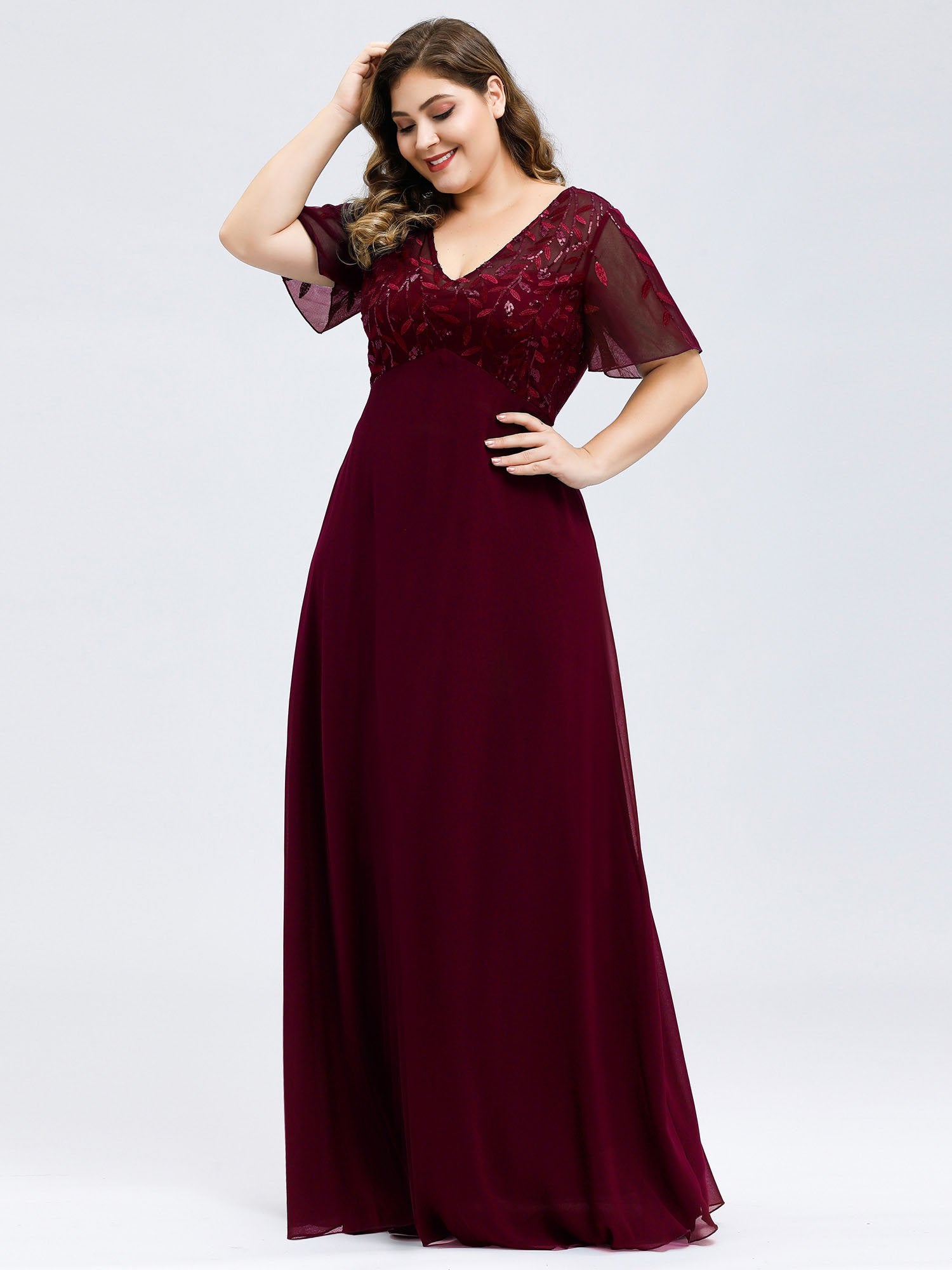 Robe de Soirée Longue Grande Taille à Imprimé Paillettes avec Mancherons #Couleur_Bordeaux