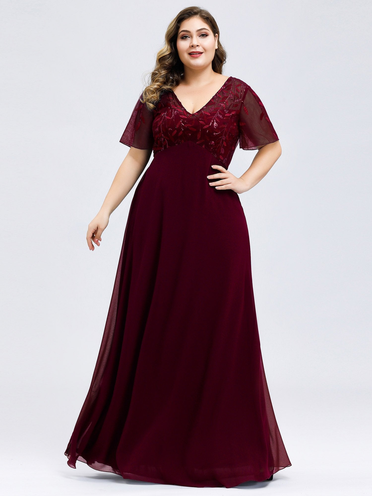 Robe de Soirée Longue Grande Taille à Imprimé Paillettes avec Mancherons #Couleur_Bordeaux