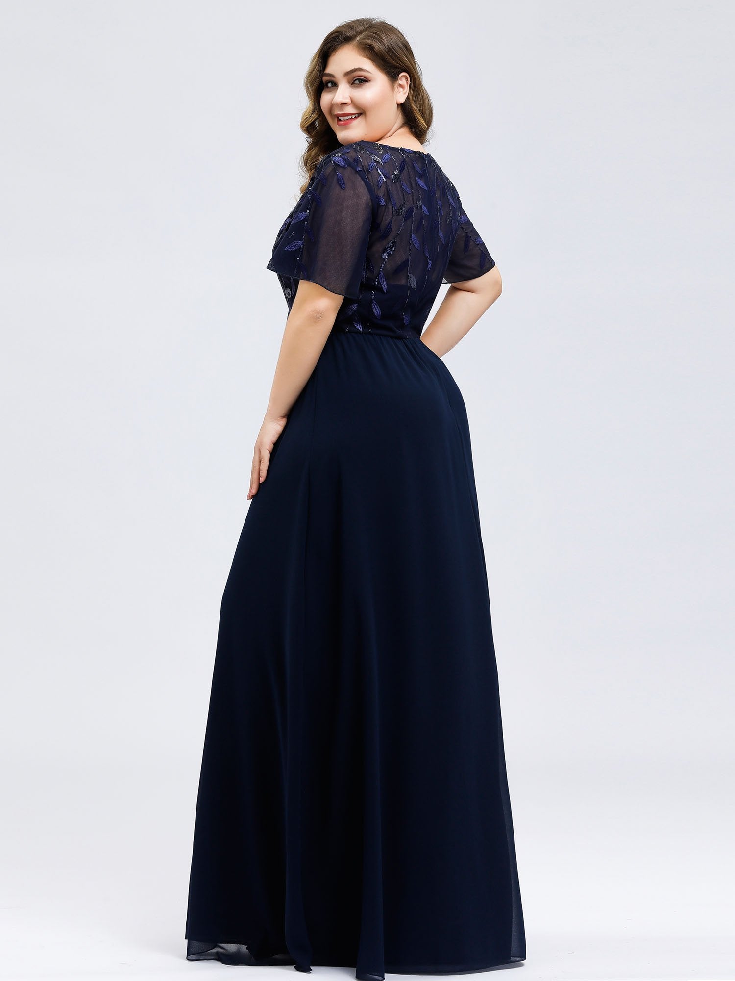 Robe de Soirée Longue Grande Taille à Imprimé Paillettes avec Mancherons #Couleur_Bleu Marine