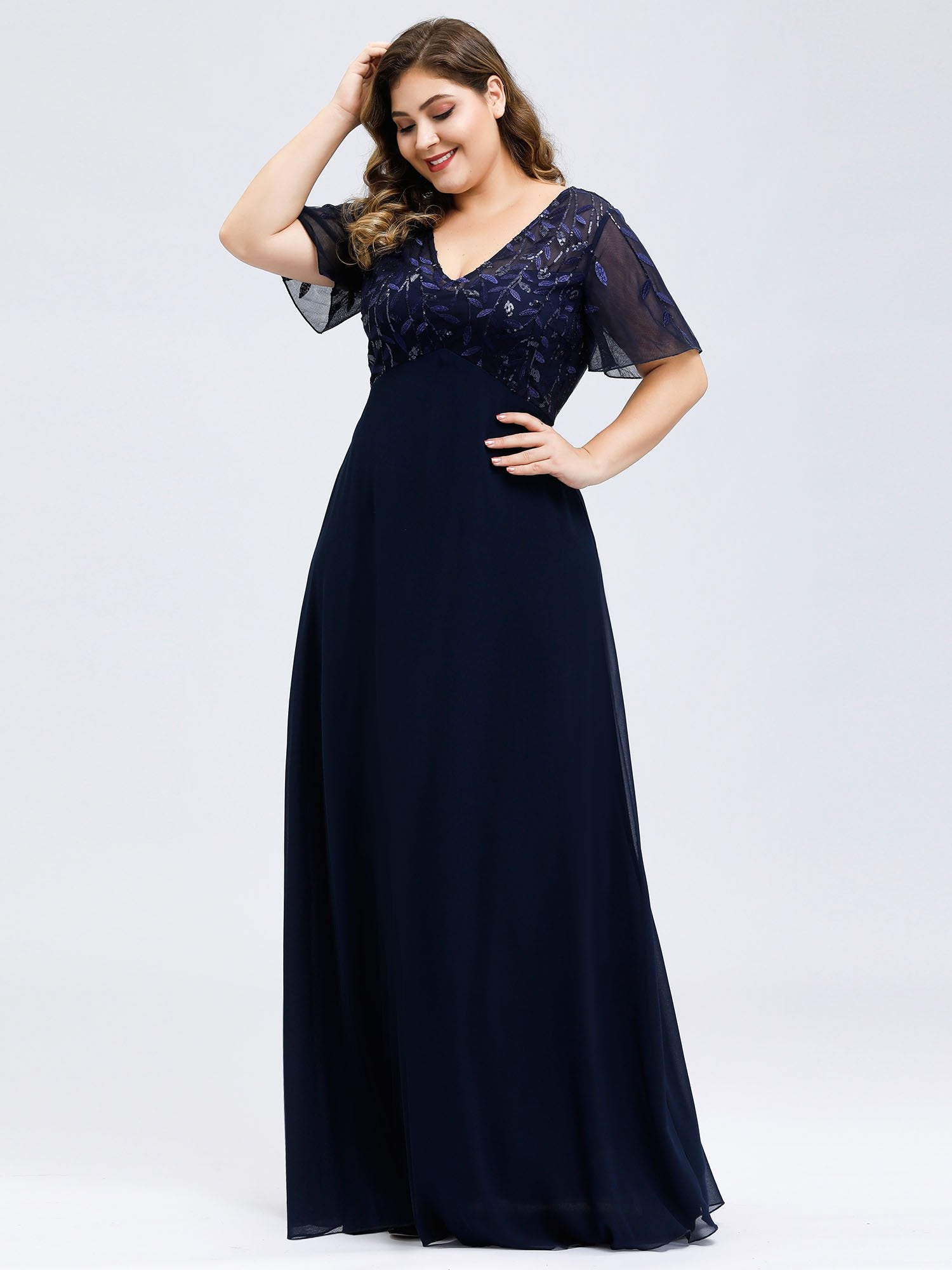 Robe de Soirée Longue Grande Taille à Imprimé Paillettes avec Mancherons #Couleur_Bleu Marine