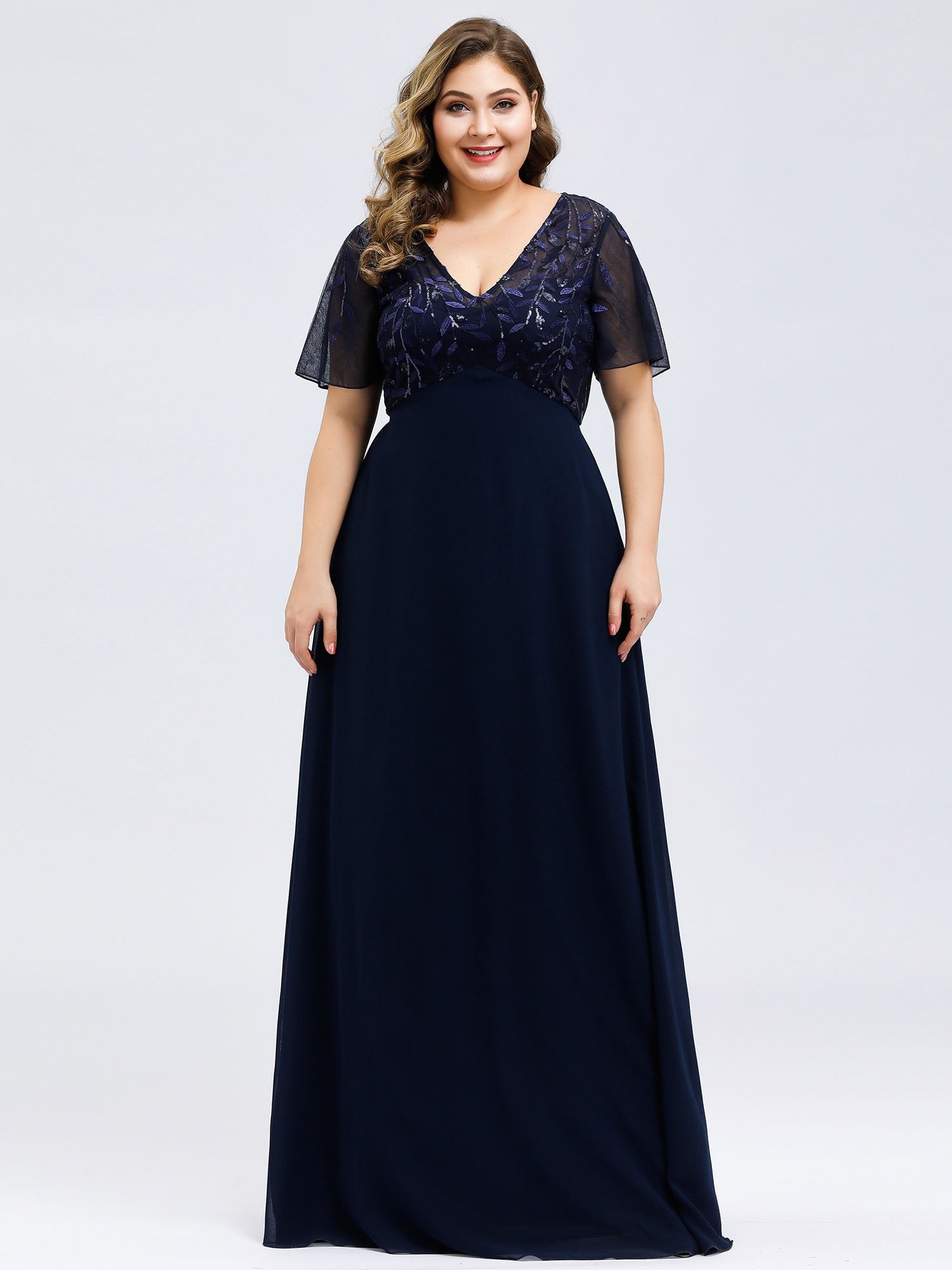 Robe de Soirée Longue Grande Taille à Imprimé Paillettes avec Mancherons #Couleur_Bleu Marine