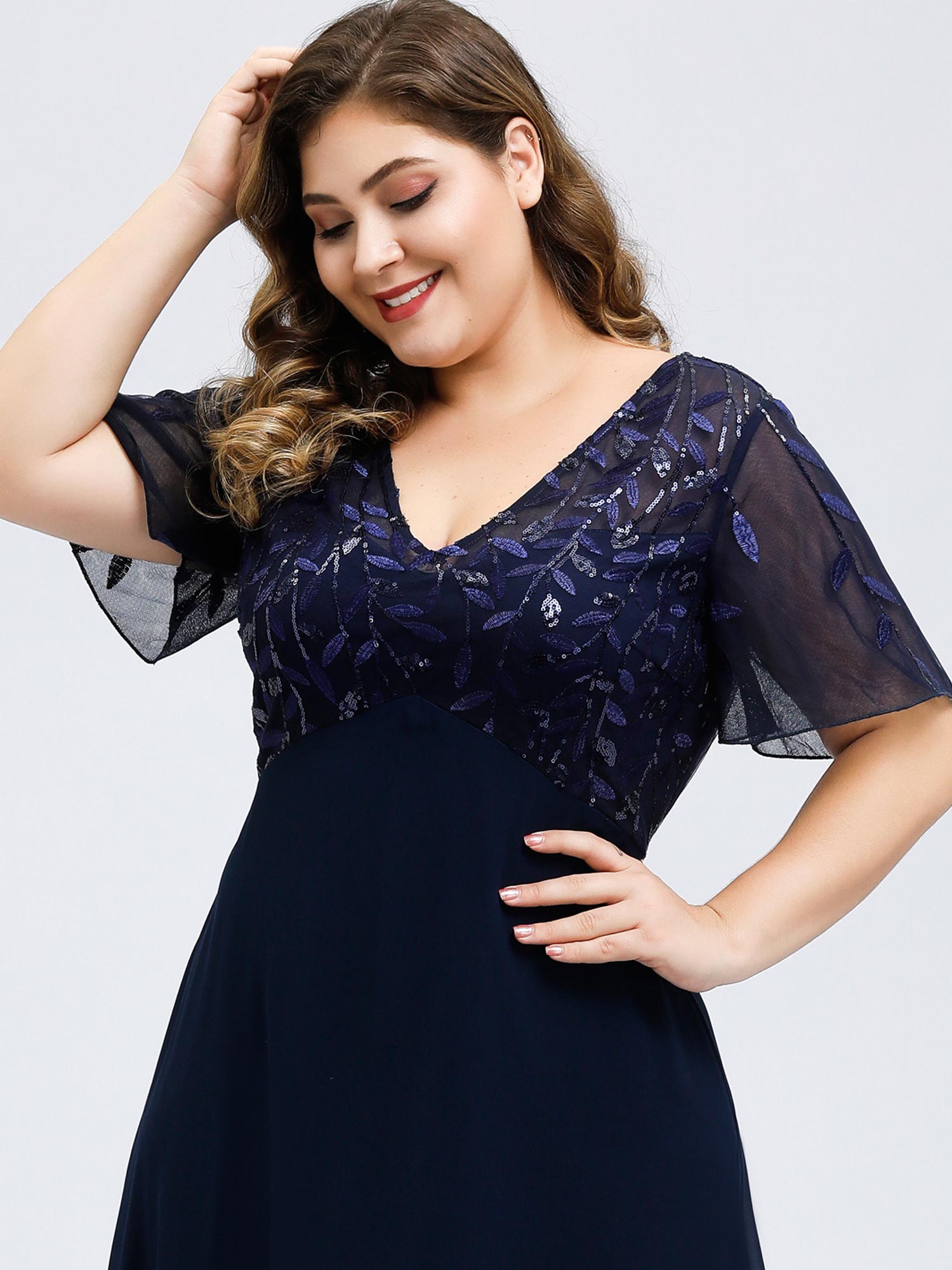 Robe de Soirée Longue Grande Taille à Imprimé Paillettes avec Mancherons #Couleur_Bleu Marine