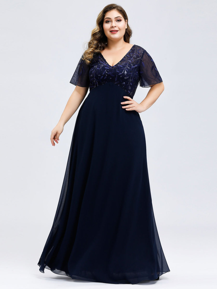 Robe de Soirée Longue Grande Taille à Imprimé Paillettes avec Mancherons #Couleur_Bleu Marine