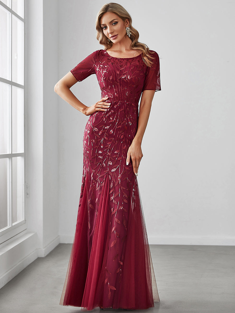 Taille personnalisée robes Longues Sirène en Tulle à Imprimé Floral et Paillettes #couleur_Bordeaux