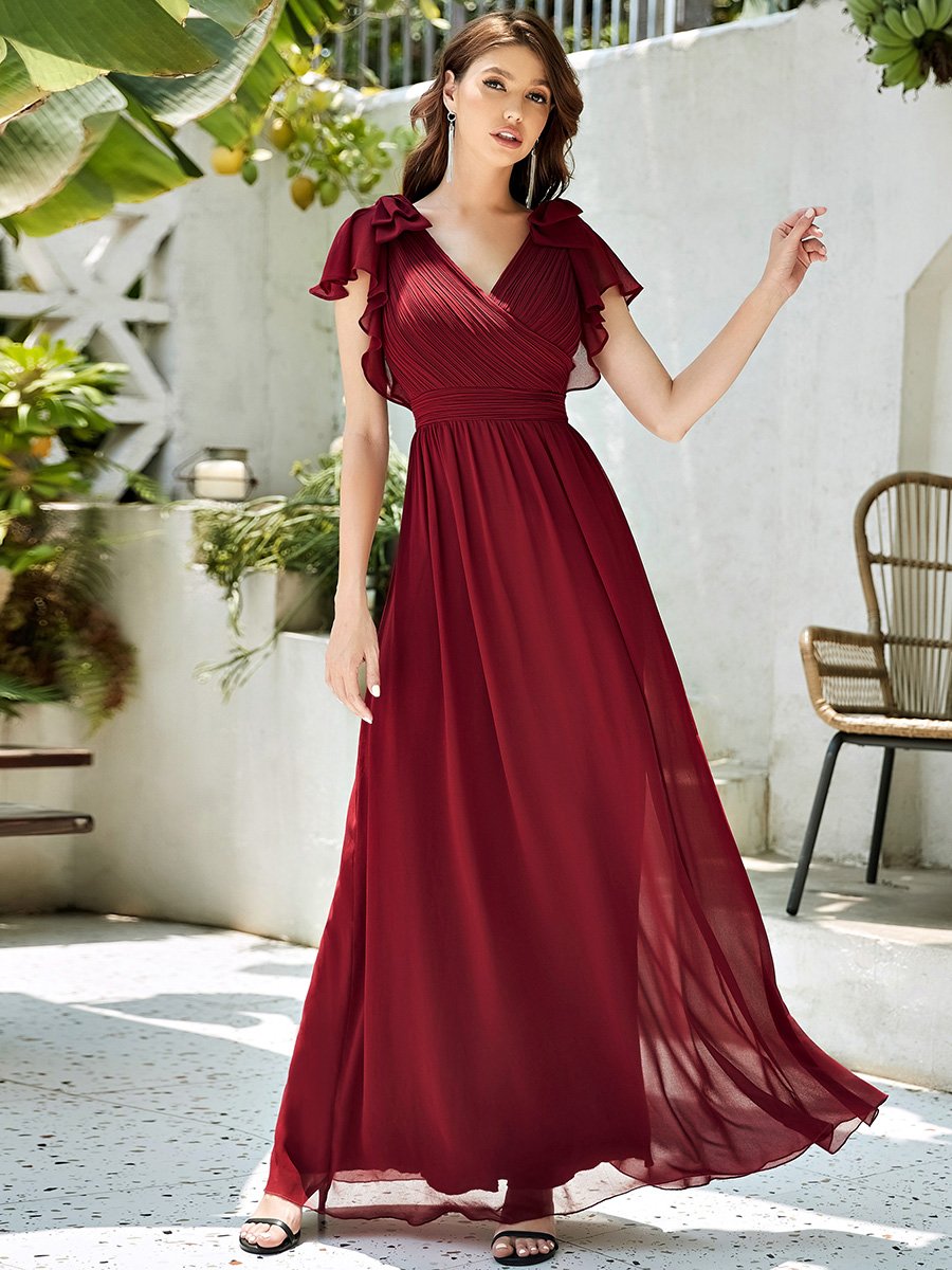 Taille Personnalisée Robe Demoiselle d'Honneur Longue en Mousseline avec Manches à Volants #couleur_Bordeaux