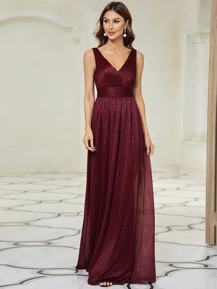 Robe de Soirée Longue Scintillante à Col en V Profond #Couleur_Bordeaux