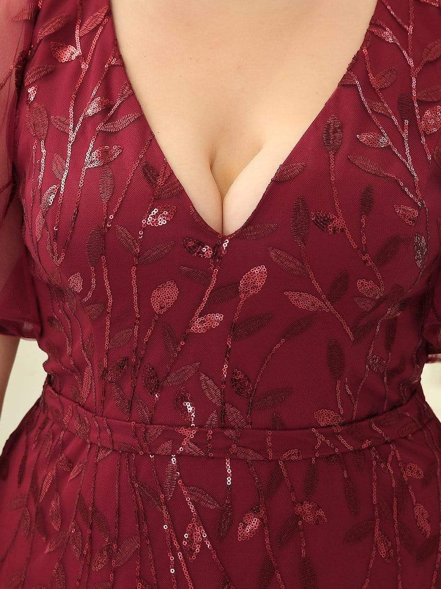 Robe de Soirée Longue Grande Taille Sirène à Pailletée à Col en V #Couleur_Bordeaux