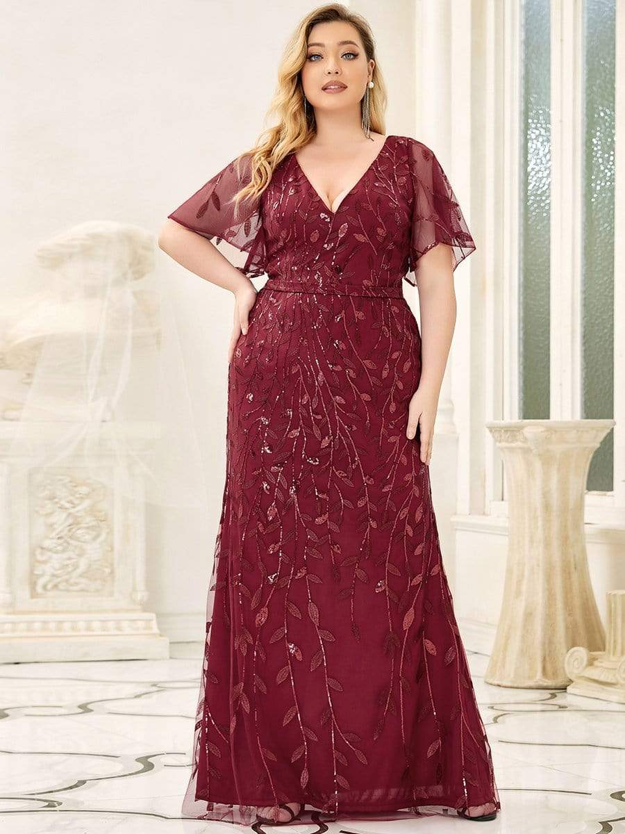 Robe de Soirée Longue Grande Taille Sirène à Pailletée à Col en V #Couleur_Bordeaux