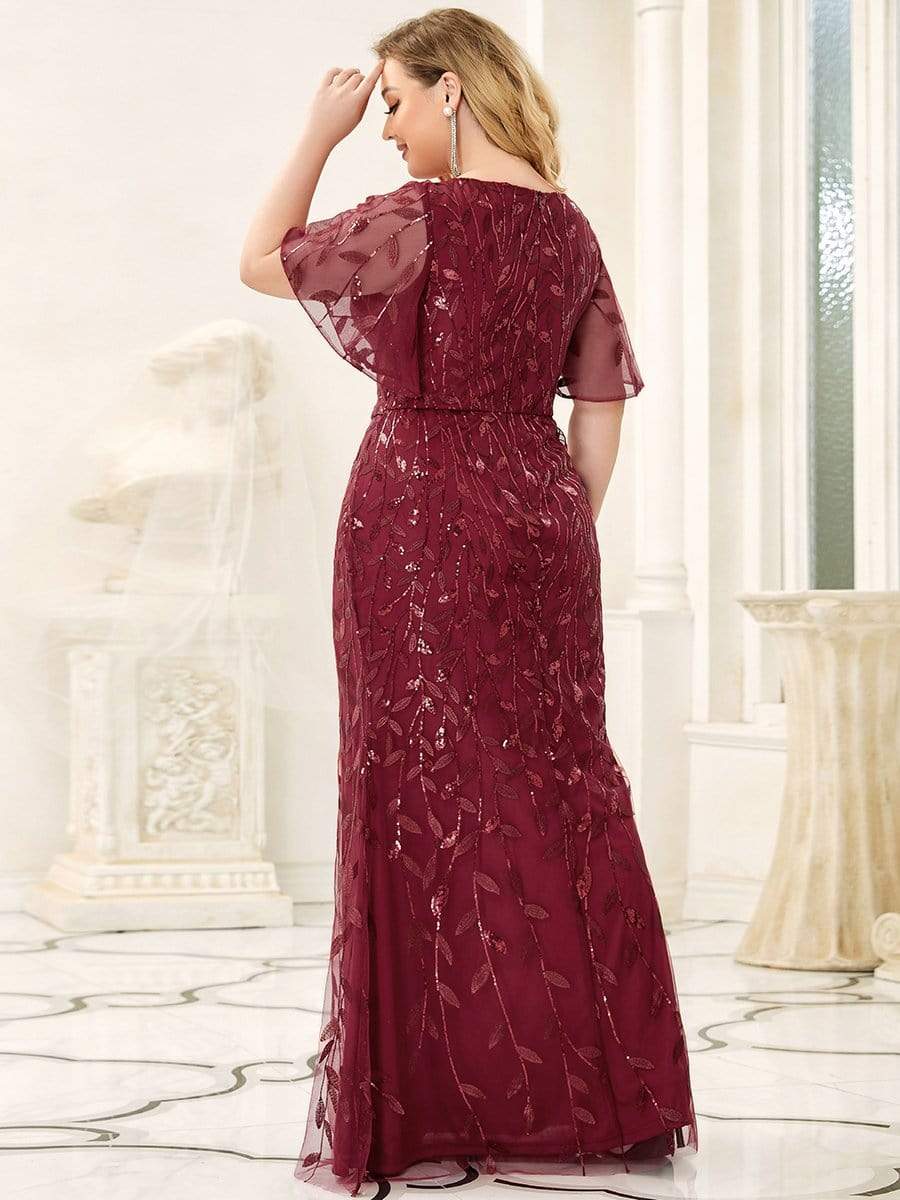 Robe de Soirée Longue Grande Taille Sirène à Pailletée à Col en V #Couleur_Bordeaux