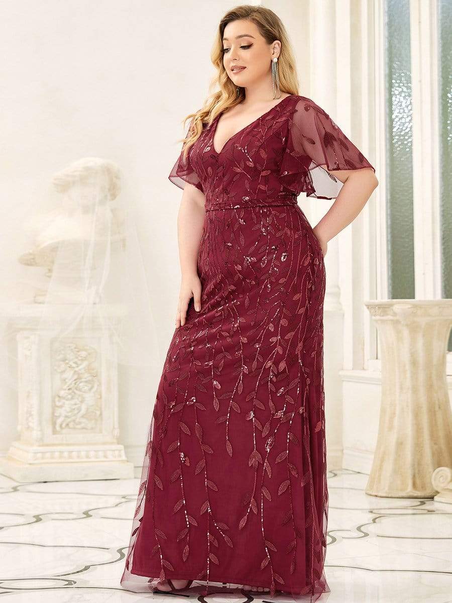 Robe de Soirée Longue Grande Taille Sirène à Pailletée à Col en V #Couleur_Bordeaux