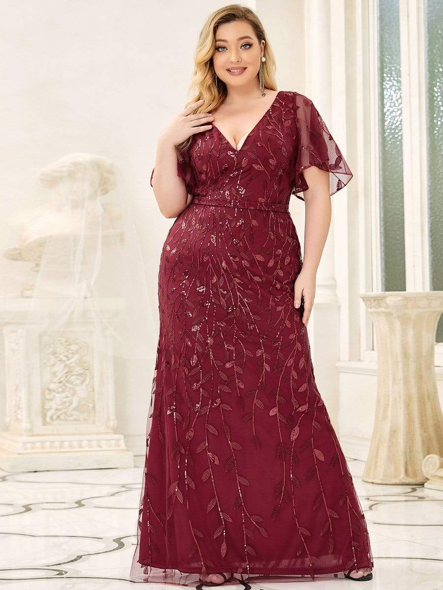 Robe de Soirée Longue Grande Taille Sirène à Pailletée à Col en V #Couleur_Bordeaux