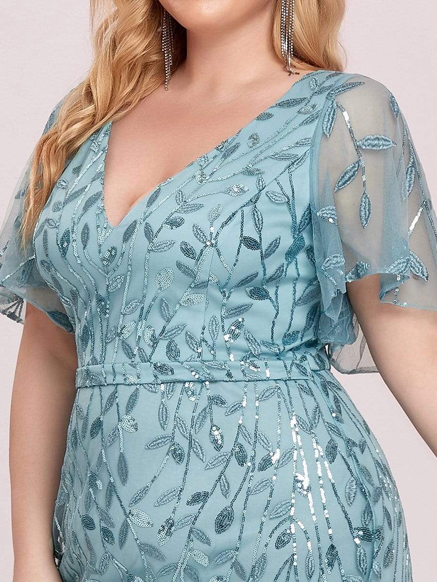 Robe de Soirée Longue Grande Taille Sirène à Pailletée à Col en V #Couleur_Bleu Fume