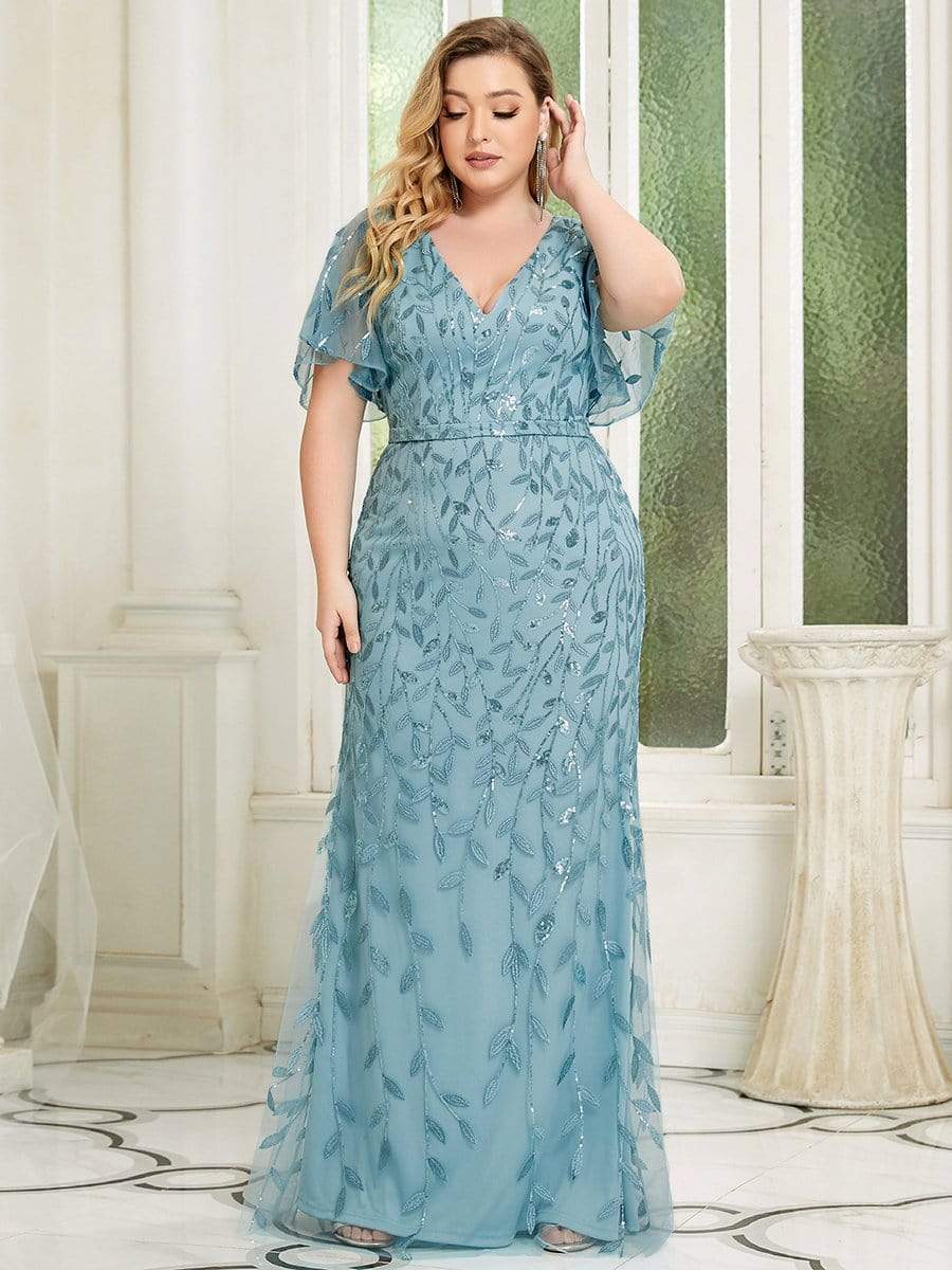 Robe de Soirée Longue Grande Taille Sirène à Pailletée à Col en V #Couleur_Bleu Fume