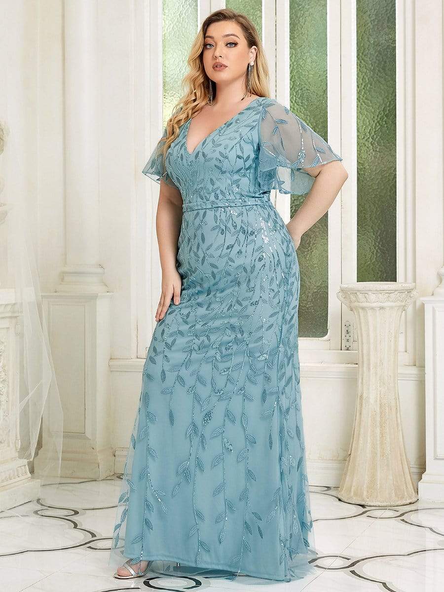 Robe de Soirée Longue Grande Taille Sirène à Pailletée à Col en V #Couleur_Bleu Fume