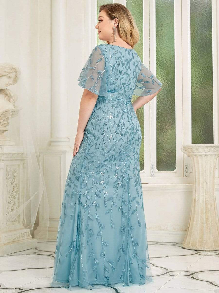 Robe de Soirée Longue Grande Taille Sirène à Pailletée à Col en V #Couleur_Bleu Fume