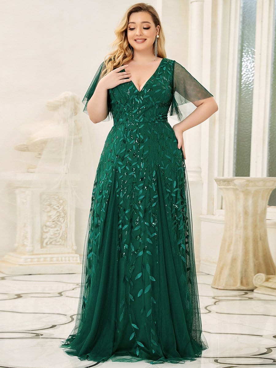 Robe de Soiree Longue Grande Taille Romantique et Scintillante a Col V et Pailletes Ever Pretty FR