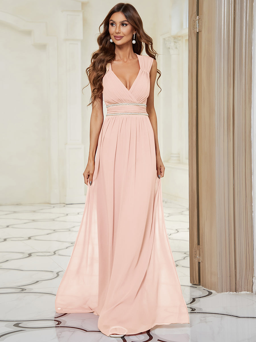 Robe longue de demoiselle d'honneur froncée à col en V #Couleur_Rose