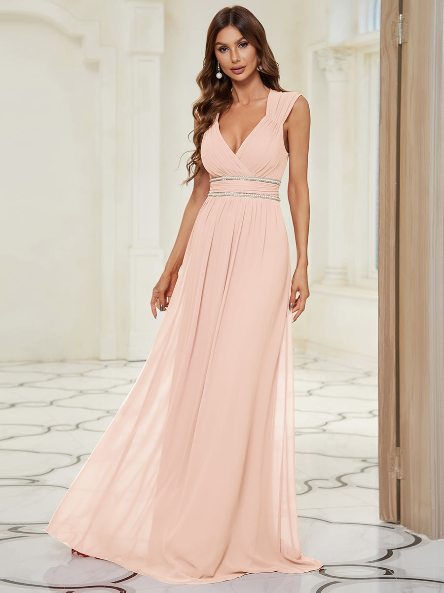 Robe longue de demoiselle d'honneur froncée à col en V #Couleur_Rose