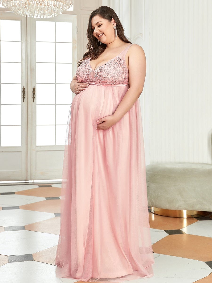 Robe de Grossesse Longue en Dentelle à Double Col en V et en Dentelle de Grande Taille #Couleur_Rose 