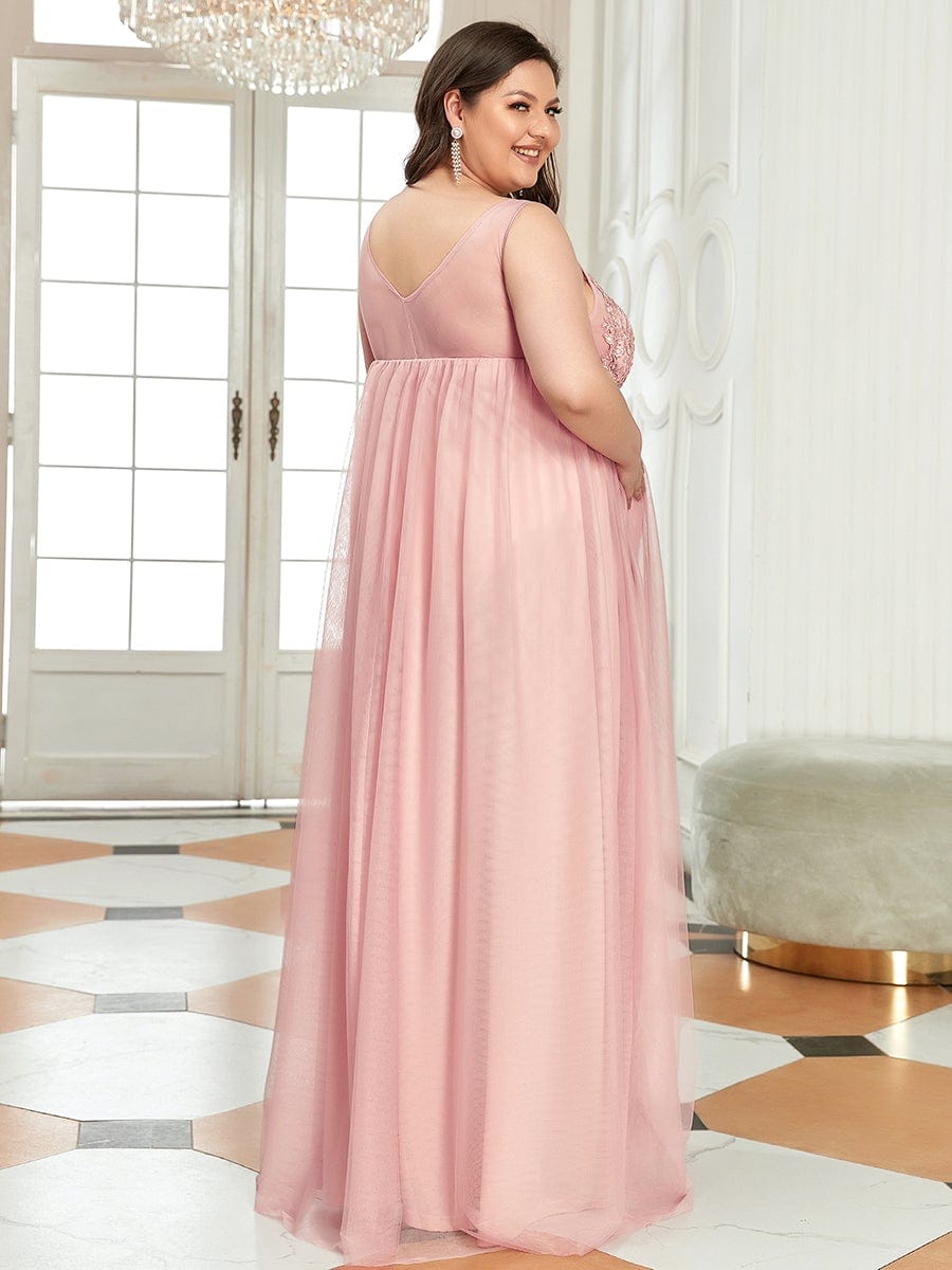 Robe de Grossesse Longue en Dentelle à Double Col en V et en Dentelle de Grande Taille #Couleur_Rose 